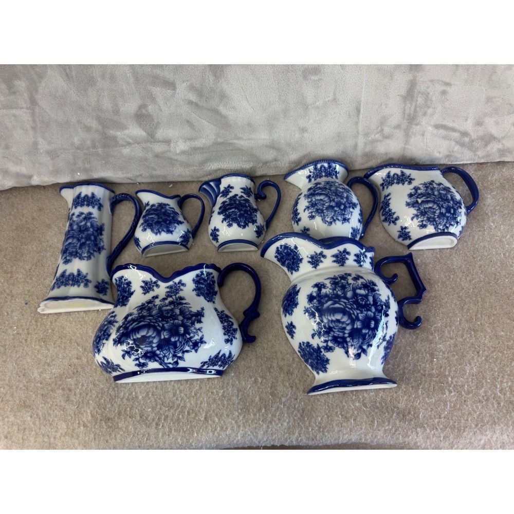 Blue White Floral Porcelain Pitcher Creamer Set 6pc Flow Blue Style Victorian